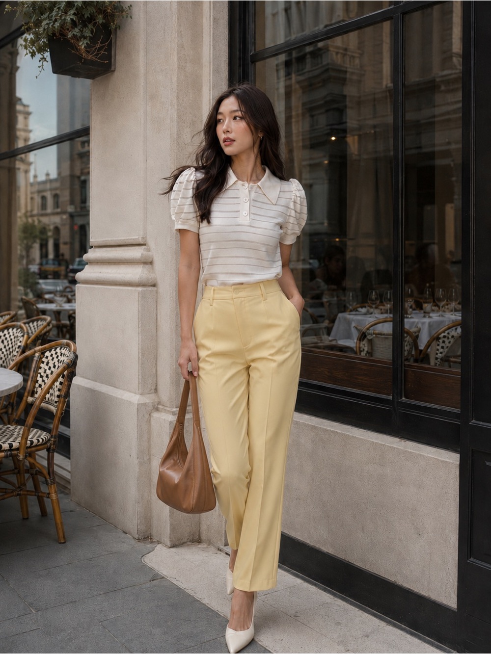 Urban Revivo Puff-Sleeve Knit Polo Top with Ivory Stripe, US 4 / EU 36